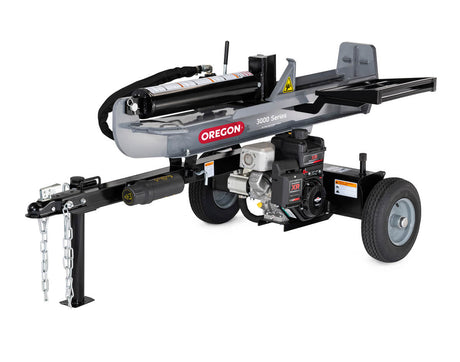 A gray Oregon 3000 Series 30-ton log splitter with a Briggs & Stratton 250cc engine, shown in its horizontal position on a white background.