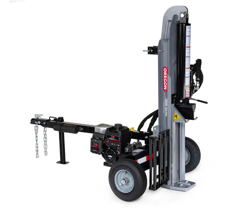 A gray Oregon 3000 Series 30-ton log splitter with a Briggs & Stratton 250cc engine, shown in its vertical operating position on a white background.